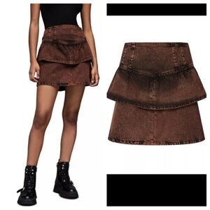 All Saints Brown Andy Denim Tiered Mini Skirt Size 2 - 2600
